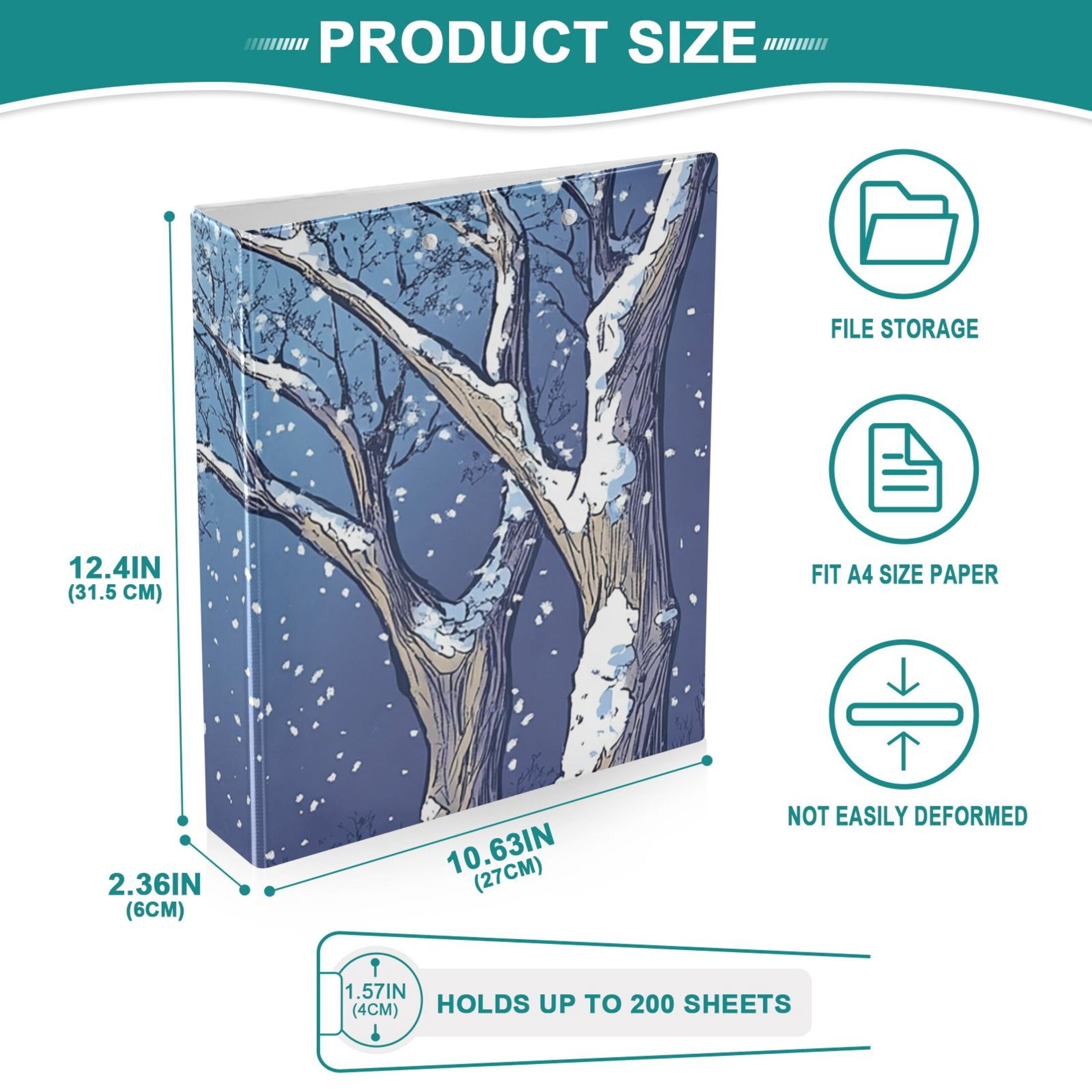 Trees Winter 3 Ring Binders 1.5 inch Hardcover File Folders with Interior Pockets A4 Size Organizer for School Office Hospital