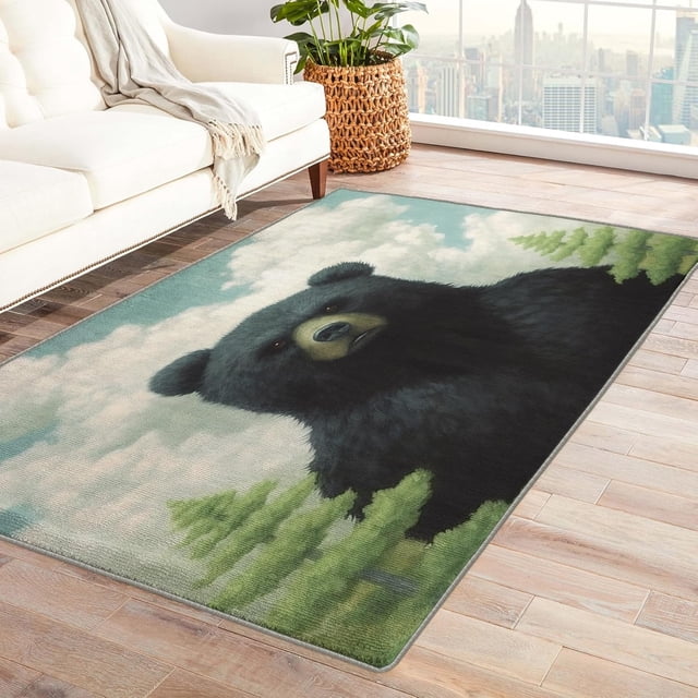 Animal Bear Area Rug 3x5, Dark Green Rugs for Entryway Bedroom Living Room, Wildlife Home Decor Carpet, Machine Washable Rug, Non Slip Soft Low Pile throw Rugs T6&-144