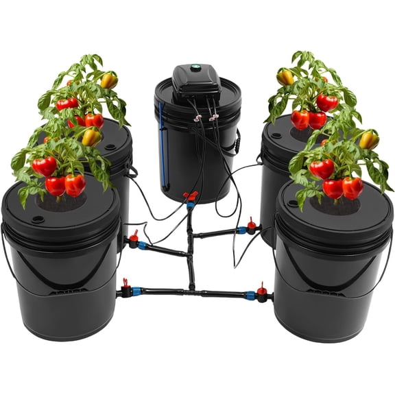 Hydroponics Growing System Kit, 5 Gallon 4 Buckets Recirculating Deep Water Culture and Top Drip Hydroponic System with Air Pump, Air Stone for Indoor Outdoor Leafy Vegetables