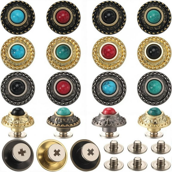24 Sets 12 Styles Flower Screw Back Buttons 12mm Turquoise Decorative Leather Buckles Conchos Western Cowboy Vintage Replacement Metal Retro Round Castings Rivets Studs