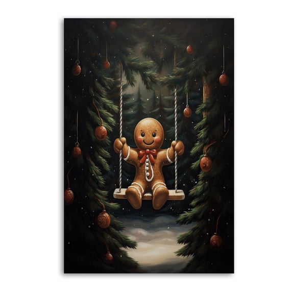 Christmas Gingerbread Man on Swing Canvas Wall Art Poster Decorative Bedroom Modern Home Print Picture Artworks Posters 16x24inch(40x60cm)