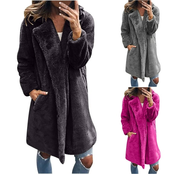 BiZtdJrK Sales For Today Faux Fur Sherpa Jacket Women Long Sleeve Mid Length Plush Fluffy Lapel Jackets with Pocket 2025 Winter Thickening Padded Warm Outerwear Black 3XL