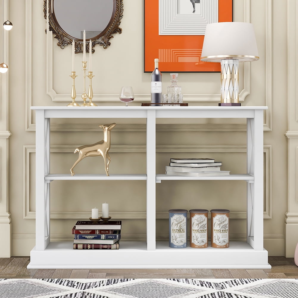 Private Jungle Console Table with 3-Tier Open Storage Spaces and “X” Legs, Narrow Sofa Entry Table (White) Private Jungle Console Table with 3-Tier Open Storage Spaces and “X” Legs, Narrow Sofa Entry Table (White)