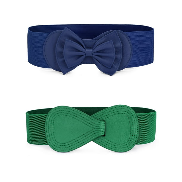 Cinturón elástico para mujer INSPIRE CHIC con hebilla en forma de 8, cinturones verde y decoración de lazo azul marino 68.6 cm/27" y 75 cm/29.5"