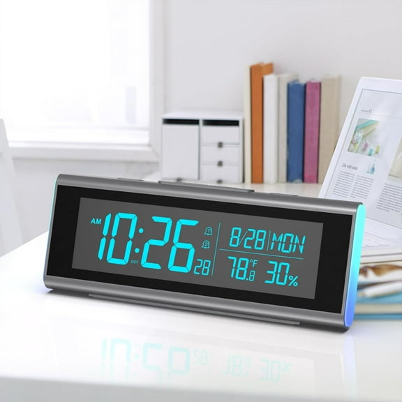 Onekawa 9" Desk Alarm Clock,Colorful LED Digital Clocks,Dimmer Bedside Clock with Adjustable Dual Alarm and Snooze,12/24H, DST for Home, Office, Elderly,Black
