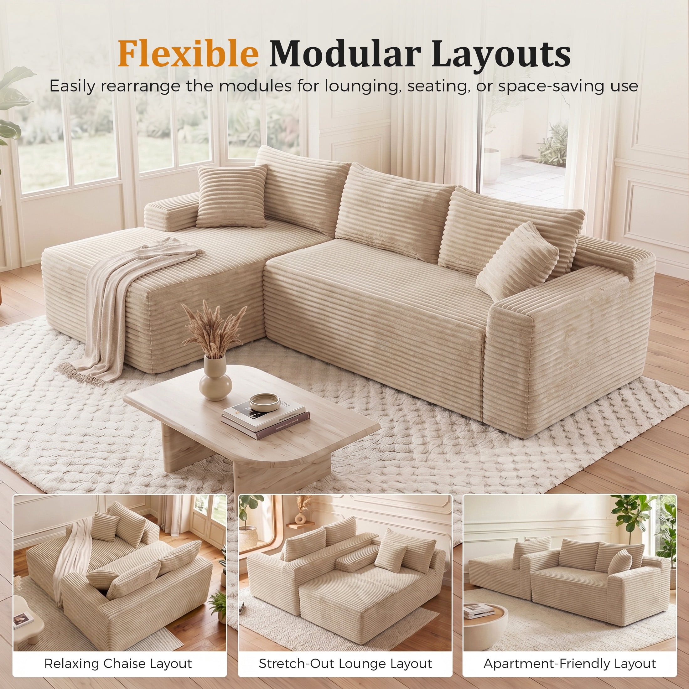 Aenkyo 106 Inch Corduroy L-Shaped Cloud Sectional Sofa with Reversible Chaise, Camel