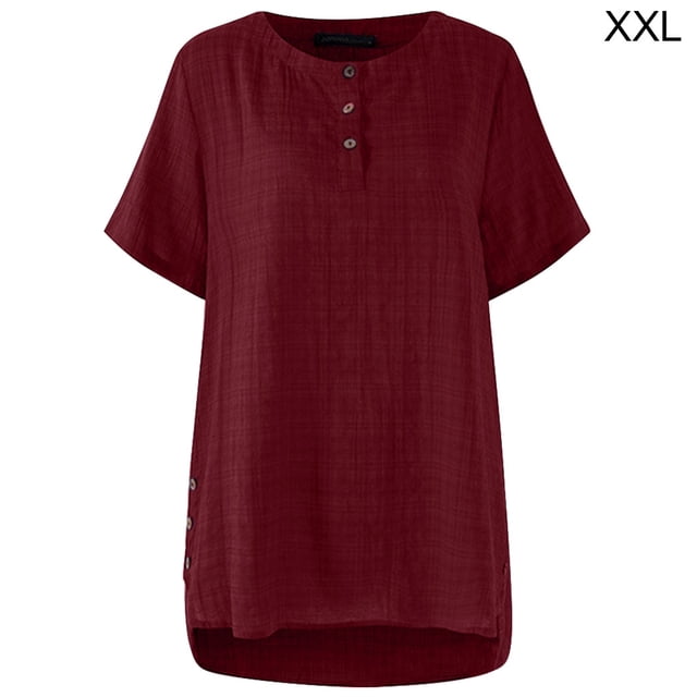 Camiseta a cuadros Mujer Blusa de manga corta con botones de verano Top suelto, rojo vino, XXL Eigraketly AP001353-17