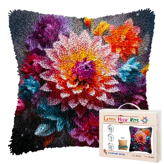 Beautiful Flowers Dahlia DIY Latch Hook Pillow Kits for Adults Printed Pillowcase Crochet Yarns Hooking Handmade Pillow Cover Cushion for Home Sofa Decoration 17x17inch