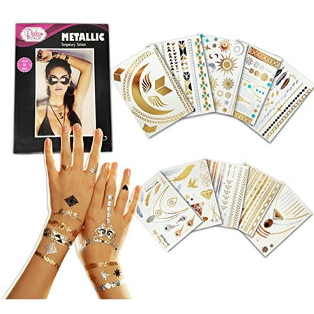 Tattoo Shimmer Metallic Temporary Tattoo - 10 SHEETS With Over 200+ Tattoos - Gold Silver Color Temporary Tattoos - High Gloss Shimmer Effect by Pinky Petals ()