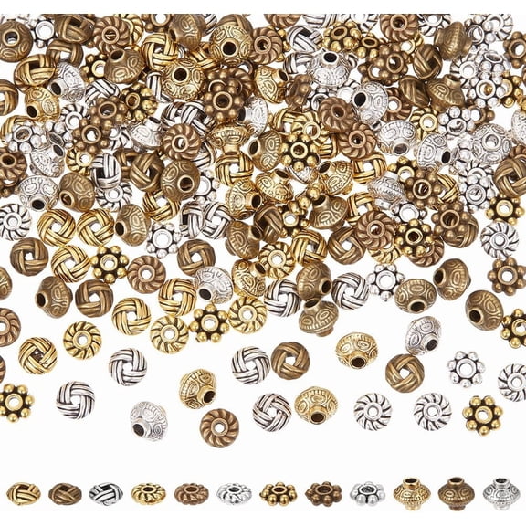 1 Box 240Pcs 12 Styles 6mm Spacer Beads Tibetan Style Alloy Spacer Beads Silver Gold Bronze Flat Round Daisy Bicone Retro Metal Bead for DIY Bracelet Necklace Jewelry Making Handmade