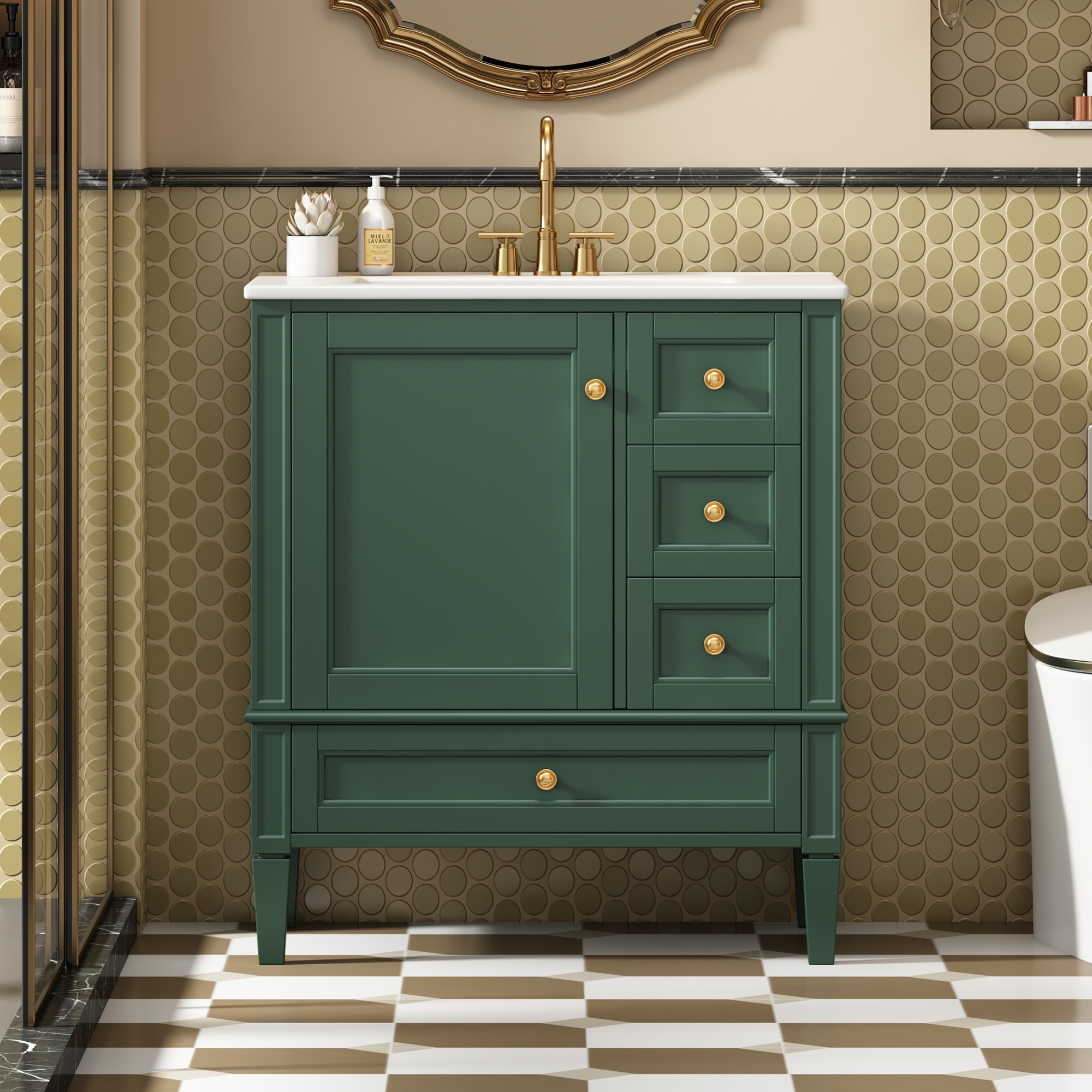 Euroco 30 Inch Bathroom Vanity with Ceramic Sink, Bathroom Vanity with 3 Drawers, Solid Wood Frame Modern Bathroom Storage Cabinet , Ideal for Home