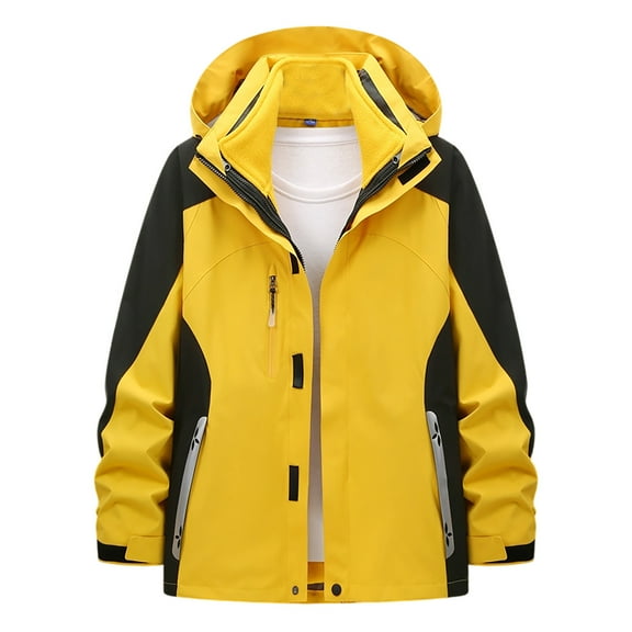 Outdoor Jackets For Women Hooded Front Zip Color Block 3-In-1 Detachable Lined Thermal Cargo Outwear With Multi Pockets (XL, Yellow)