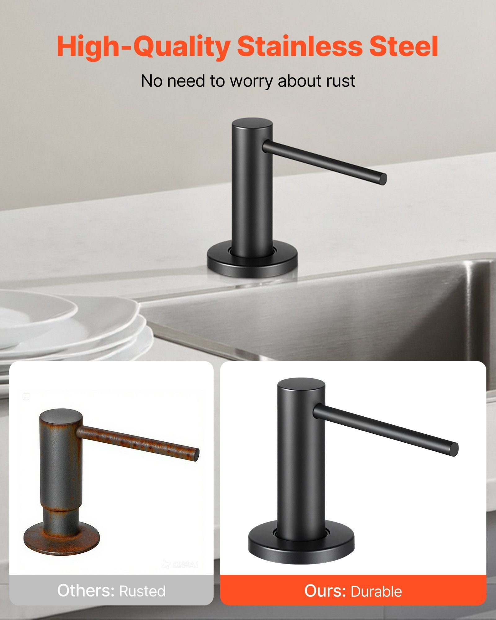 Professional Grade Built-in Sink Soap Dispenser, 17oz, 304 Stainless Steel, Durable and Corrosion Resistant