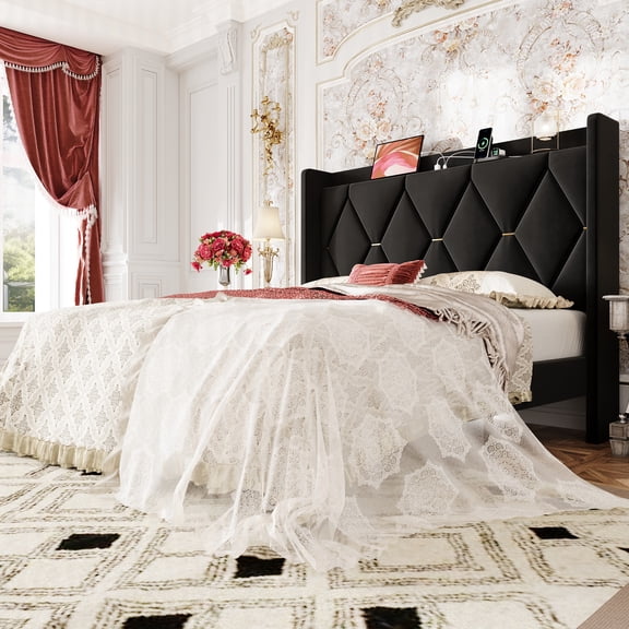 Amolife Queen Bed Frame, Upholstered Platform Bed with Storage Wingback Headboard and Fast Charging Hub, No Box Spring Required, Black