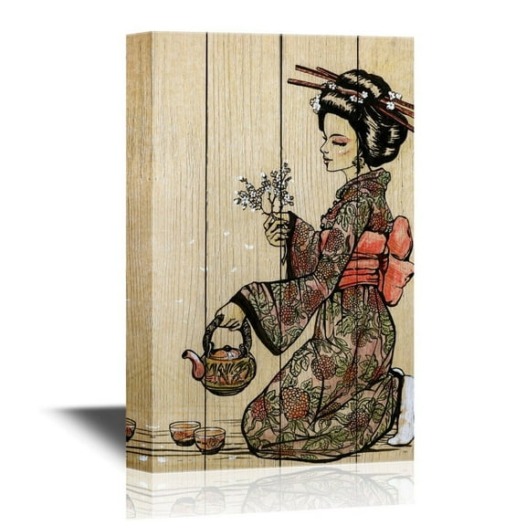 wall26 - Japanese Culture Canvas Wall Art - Traditional Japanese Woman Dressed in Kimono with Teapot - Gallery Wrap Modern Home Art | Ready to Hang - 16x24 inches