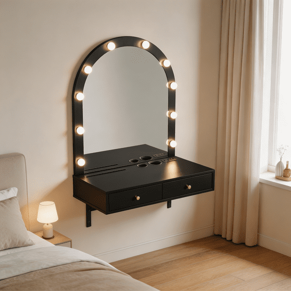 SAYGOGO Floating Vanity Desk with LED Mirror & Power Outlet, Compact Dressing Table with 2 Drawers, USB & 3 Color Lights, for Bedroom Bathroom, Black