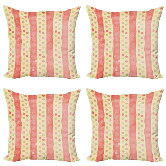 Ambesonne Retro Throw Pillow Cover 4 Pack, Nostalgic Stripes Dots, 18", Pale Yellow Coral