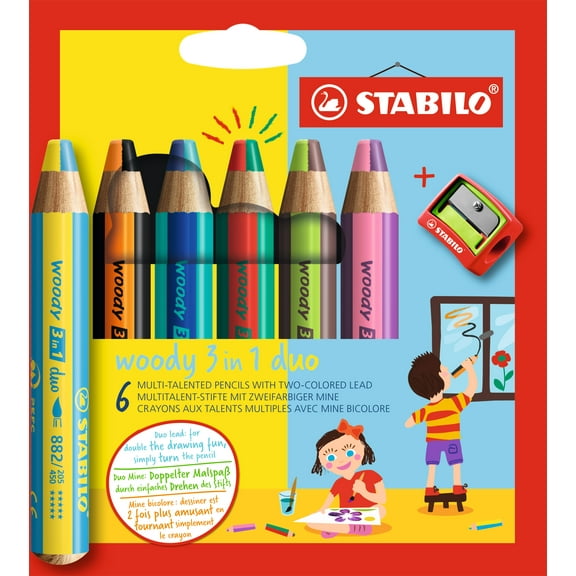 STABILO woody 3 in 1 Duo, 6 Piece with Sharpener