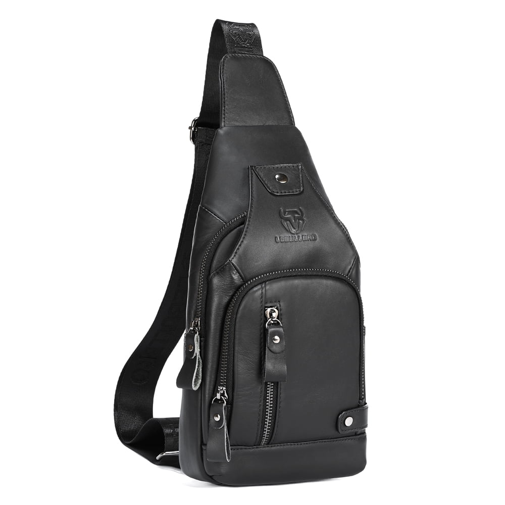 LEBULLBRO Sling Bag for Men Genuine Leather Chest Bag Crossbody Backpack Travel Hiking Outdoor Sports Black