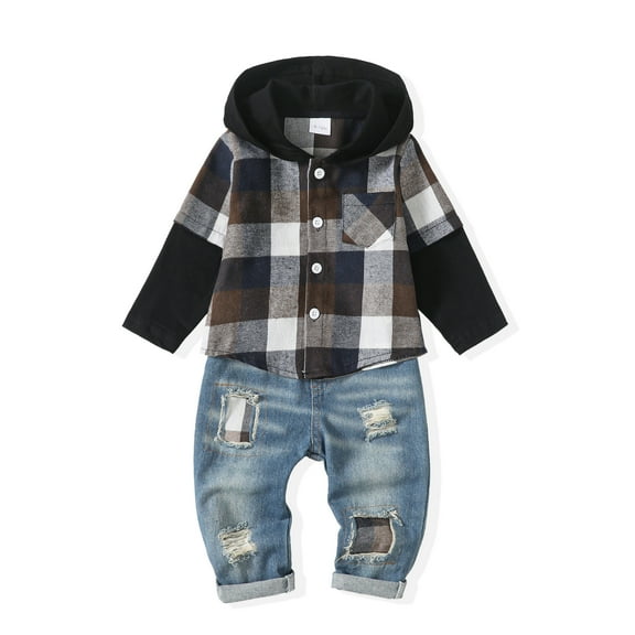Kucnuzki 3T Toddler Baby Boy Fall Winter Outfits Pants Sets 4T Long Sleeve Lattice Prints Hoodie Top Elastic Ripped Jeans 2PCS Set Black