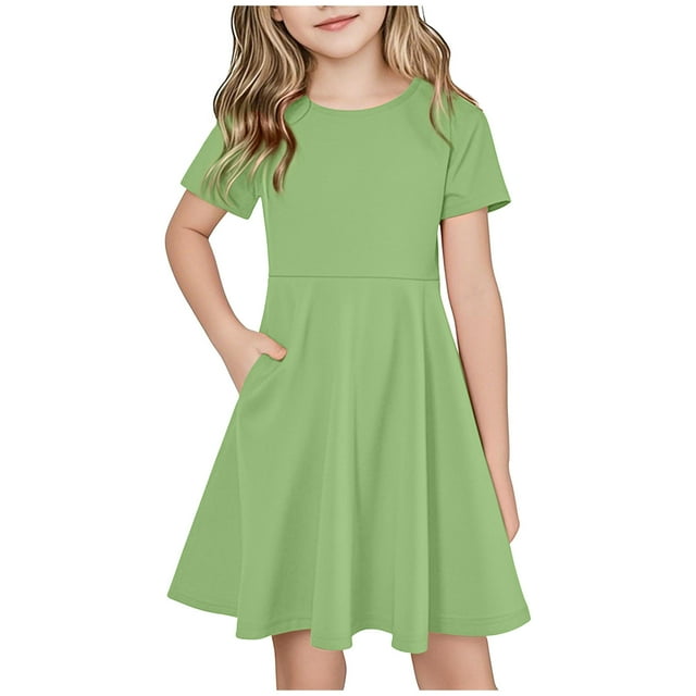 Tranfacy Robes Décontractées pour Filles, Robe à Manches Courtes pour Filles, Robe d'Été à Manches Courtes Décontractée et Ample avec Poches pour 4-14 Ans
