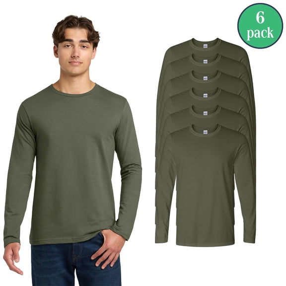 Gildan Men's Softstyle Long Sleeve T-Shirt, 6-Pack Crewneck Classic Fit Tee, Military Green, S