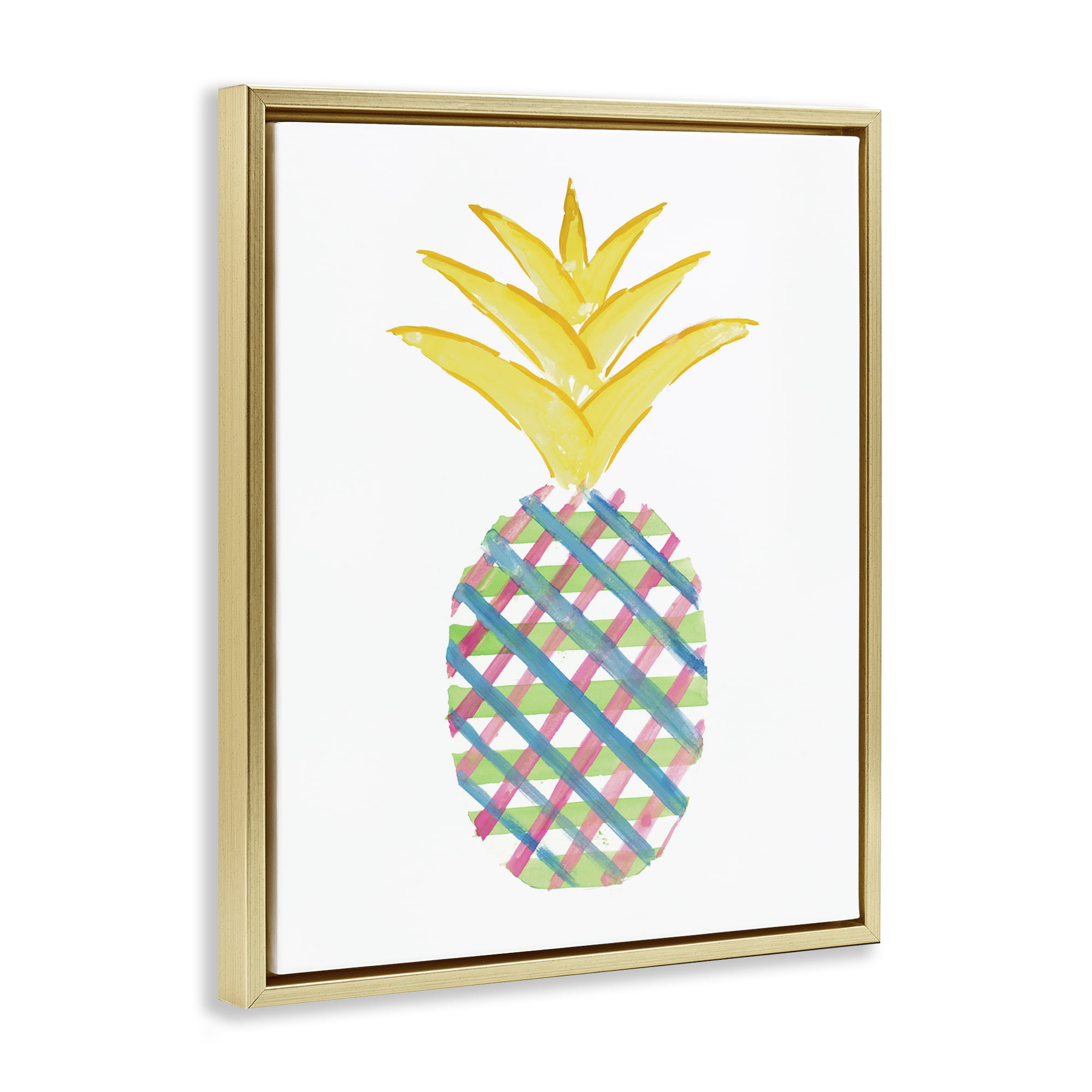 Stupell Industries Plaid Patterned Pineapple Food & Beverage Painting Gold Floater Framed Canvas Art Print Wall Art, 17 x 21