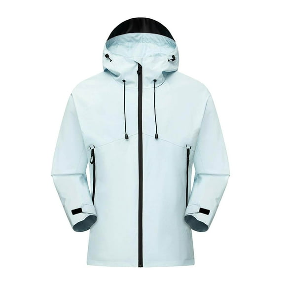 WRKEKC Men's Storm Jacket Windproof Waterproof Hooded Alpine Mountaineering Coat with Long Sleeves for All-Weather Outdoor Protection in Solid Color Light Blue XL
