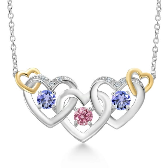 Gem Stone King 925 Silver and 10K Yellow Gold Pink Lab Grown Diamond Blue Tanzanite Heart Shape Pendant Necklace for Women (0.91 Cttw, with 18 inch Chain)