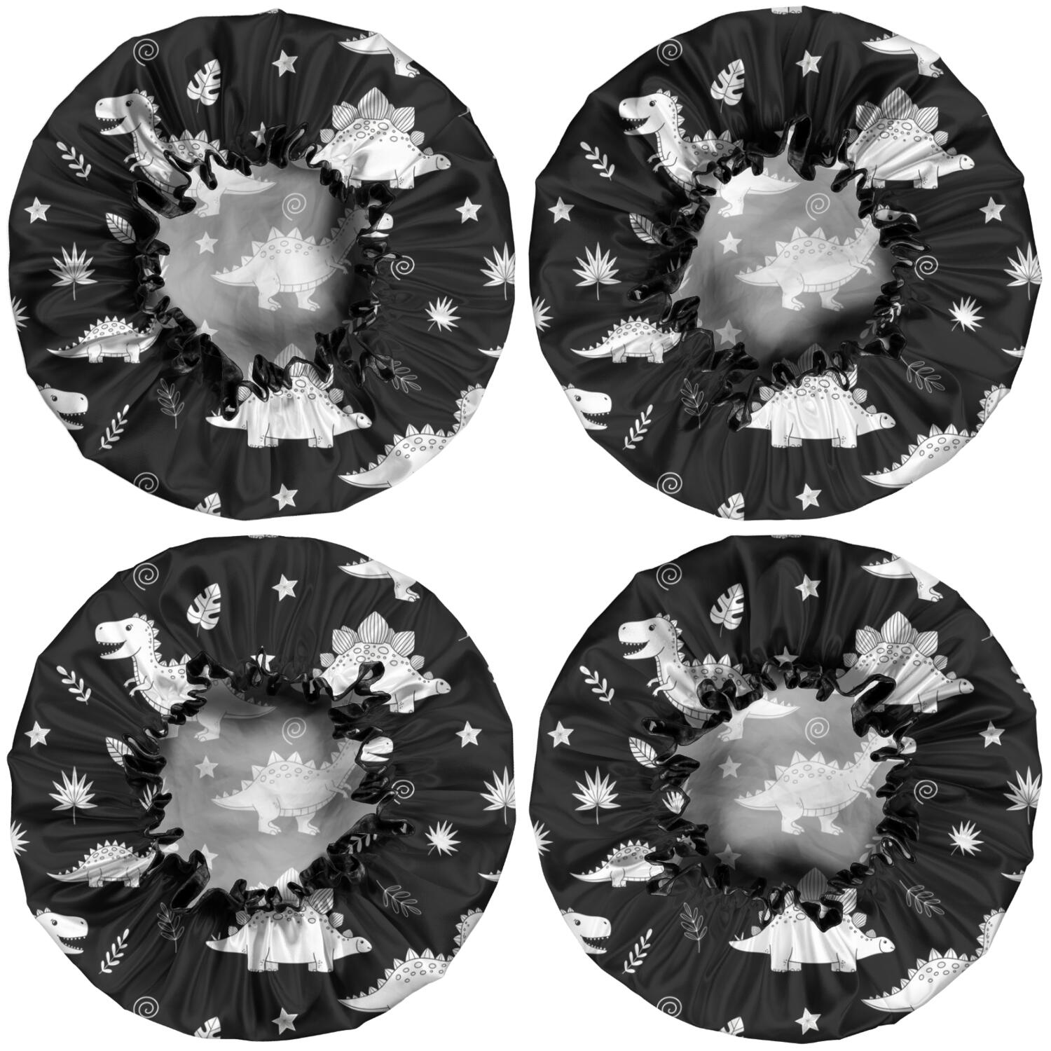 Shower Caps,Black Dinosaurs Leaves Stars Pattern Waterproof Shower Cap for Women 4 Pieces,Double Reusable Hair Cover for Shower PEVA Elastic Stretch Hem