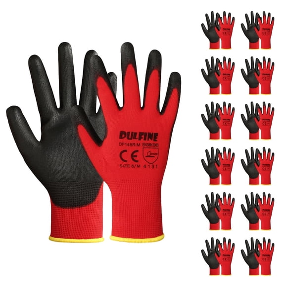 Work Gloves for Men and Women,12 Pairs Pack Red Knit with Polyurethane Coated Smooth Grip on Palm & Fingers, , Ideal for General Duty Work