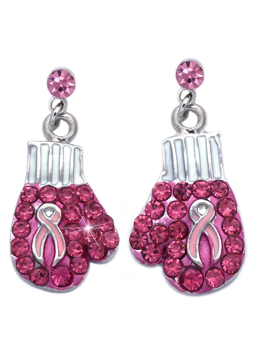 Support Breast Cancer Awareness Pink Ribbon Boxing Glove Heart Earrings  (Glove Pink Dot)