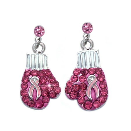 Support Breast Cancer Awareness Pink Ribbon Boxing Glove Heart Earrings (Glove Pink Dot)