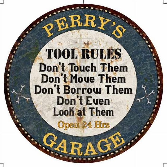PERRY'S Garage Rules 12" Round Metal Sign Garage Wall Décor 100140015213