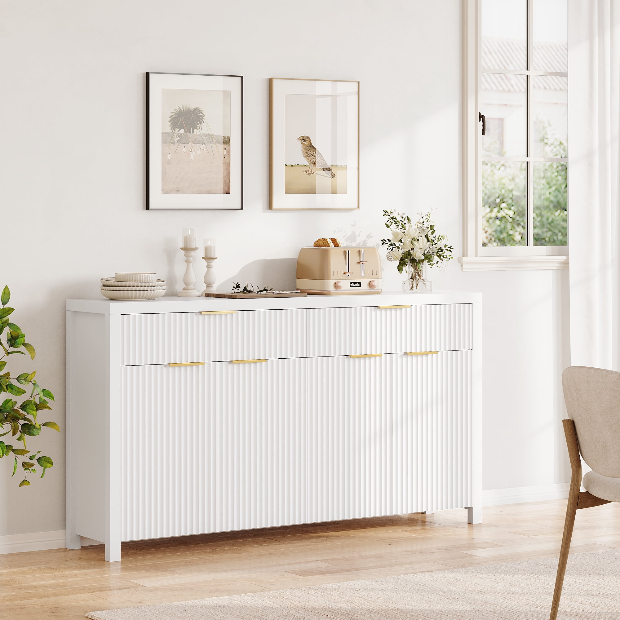 Sideboard Buffet Cabinet with Storage, 55" Storage Cabinet with Fluted Panel Doors & 2 Drawers, Adjustable Shelves for Kitchen, TV Stands for Living Room, Entryway, White