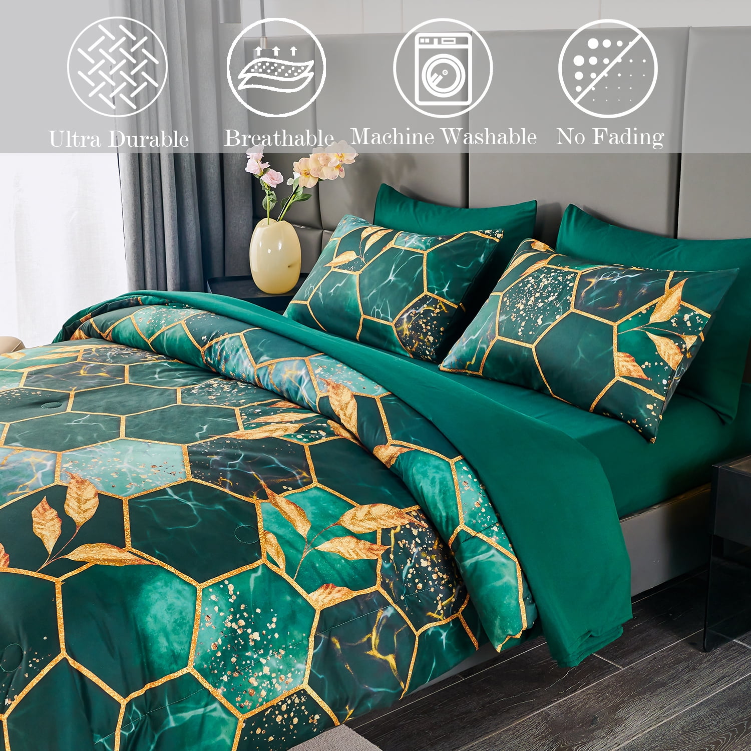 RYNGHIPY Green Gold Geometric 3-Piece Green Honeycomb Microfiber Comforter Set Full Size