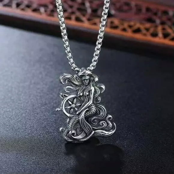 HOOUN Men Women Silver Mermaid Pendant Necklace Jewelry Box Chain 24"