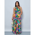 thumbnail image 5 of Womens Multicolor Allover Tropical Leaf Print Halter Neck Maxi Dress With Self-Tie Belt, Flowing Vacation Style, 5 of 8