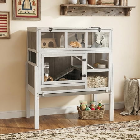 3-Tier Wooden Hamster Cage with Stand, Large Guinea Pig Cage & Rabbit Hutch Habitat, Deep Pull-Out Tray, Indoor Small Animal House, Grey
