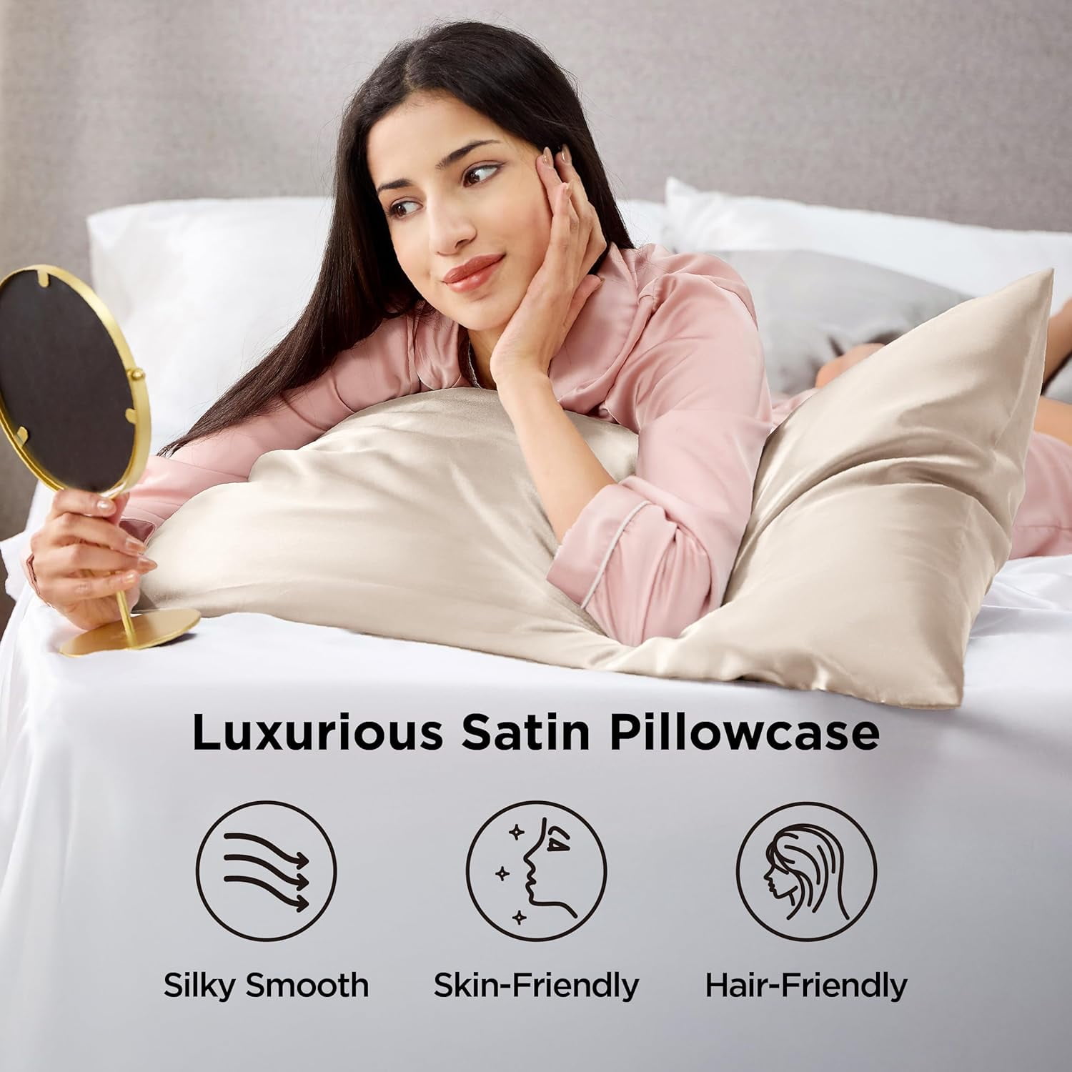 Satin Pillowcases, Similar to Silk Pillow Cases Queen Size Set of 2, Cooling Pillow Case for Sleeping Women with Envelope Closure, Gifts for Women Men, Beige, 20x30 Inches, 2pcs