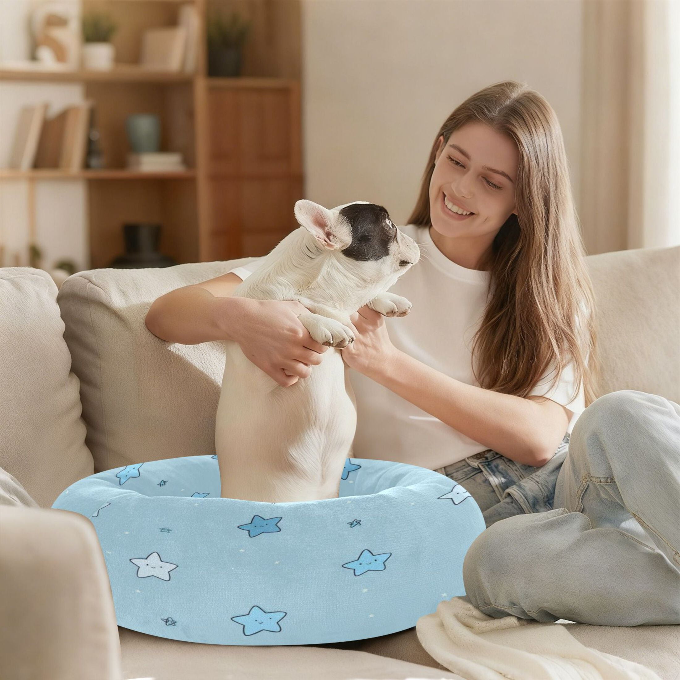 Iauyy Pet Couch Donut Cat Bed for Indoor Cats/Small Dogs Washable & Machine with Non-slip Bottom Calming Cat Furniture, Some Blue and White Colors (M)