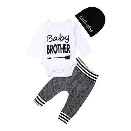 

Multitrust Newborn Baby Boy 3 Piece Set Letter Print Jumpsuit + Pants + Hat Set