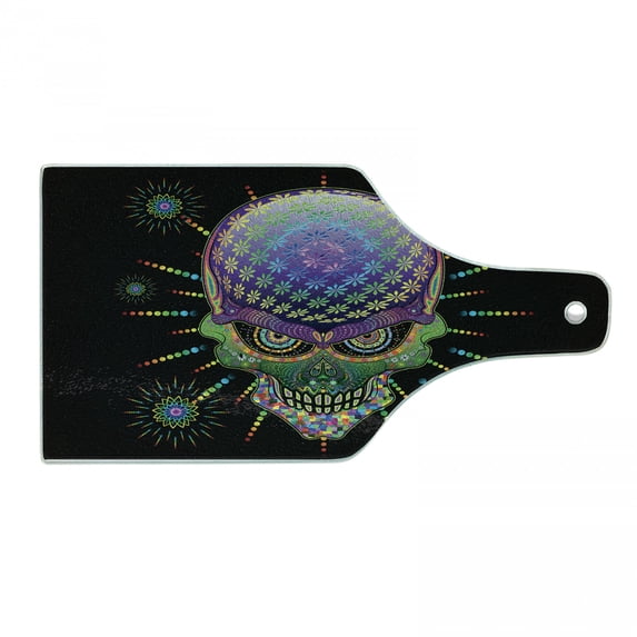 Psychedelic Cutting Board, Digital Mexican Sugar Skull Ceremony Halloween Ornate Effects Design, Decorative Tempered Glass Cutting and Serving Board, Wine Bottle Shape, Multicolor, by Ambesonne