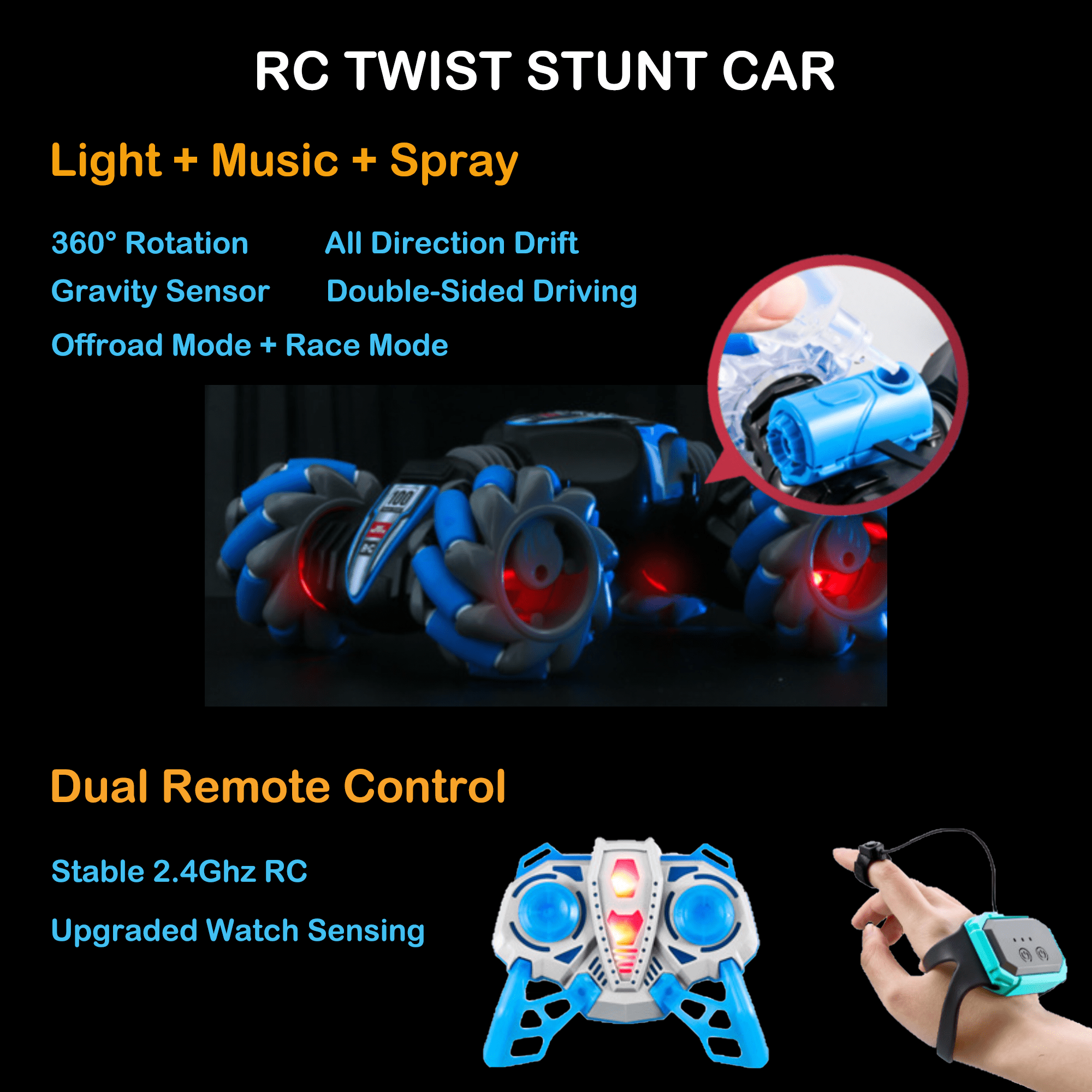 Kuty Juzi Watch Controlling RC Stunt Car with Spray Light and Music, 4-Wheel-Drive Off Road Twisting Car Toy Gift(White-Transparent)