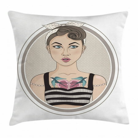 Pin up Girl Throw Pillow Cushion Cover, Rockabilly Style Rebel Girl with Bird Tattoos on Her Chest Oval Framed Design, Decorative Square Accent Pillow Case, 16 X 16 Inches, Multicolor, by