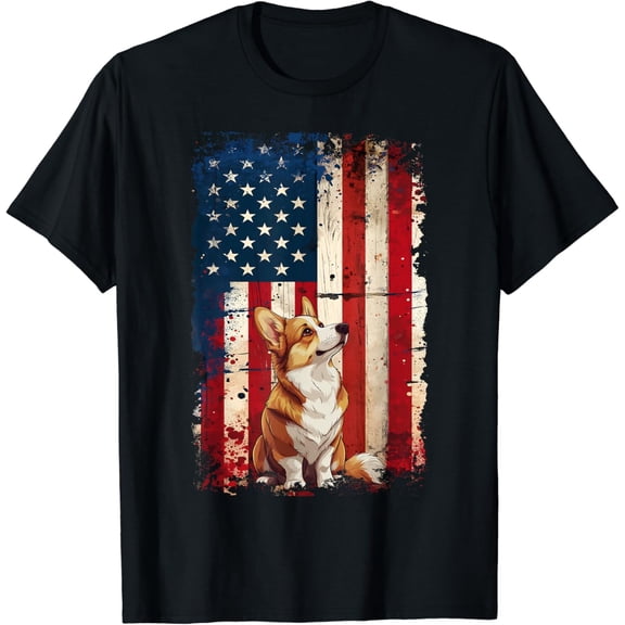 Patriotic Corgi American Flag T-Shirt Vintage Retro USA Dog Lover Graphic Tee for Men Women Short Sleeve Cotton Top