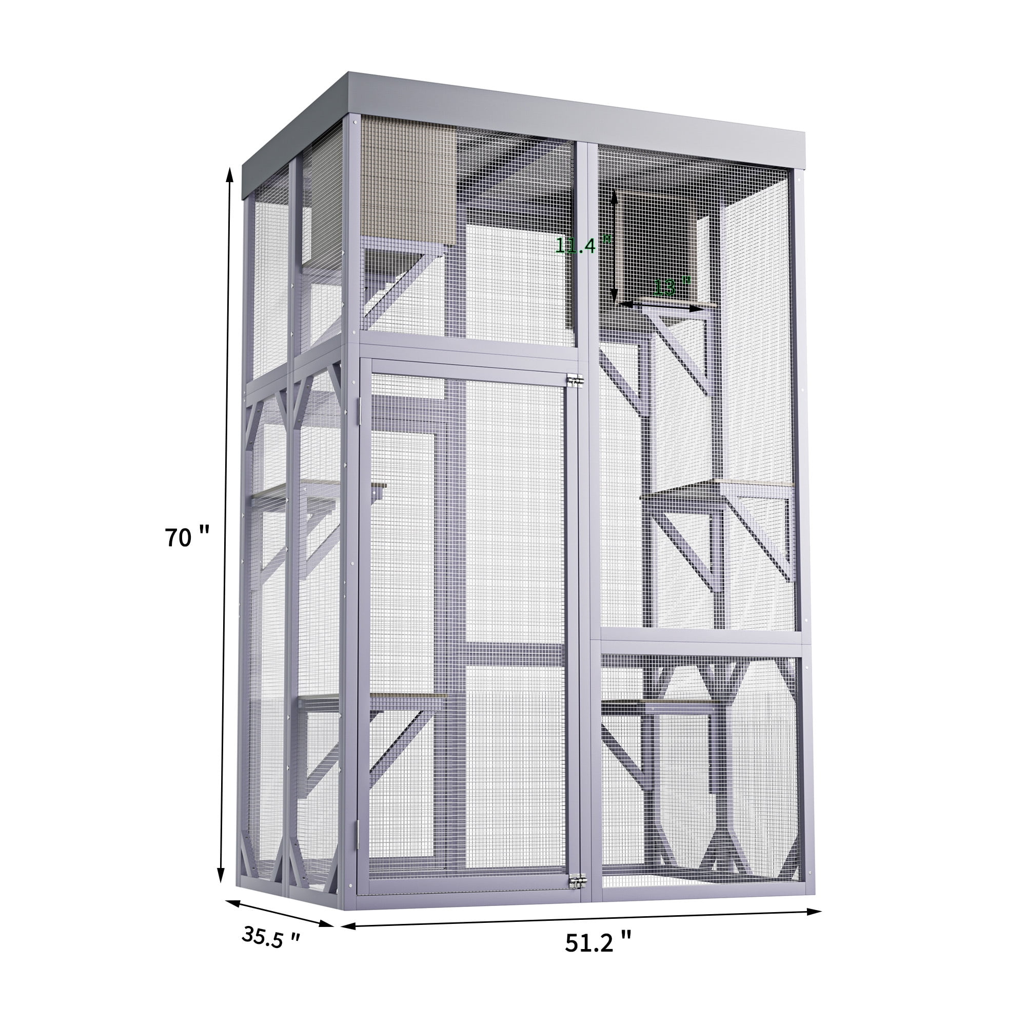 70" Catio Outdoor Cat Enclosure Indoor cage, large Wooden Cat House with Waterproof Roof, 4-Tier Playing Platforms & 2 Napping Houses with Connectable Window Door for Multiple Cats (Grey)