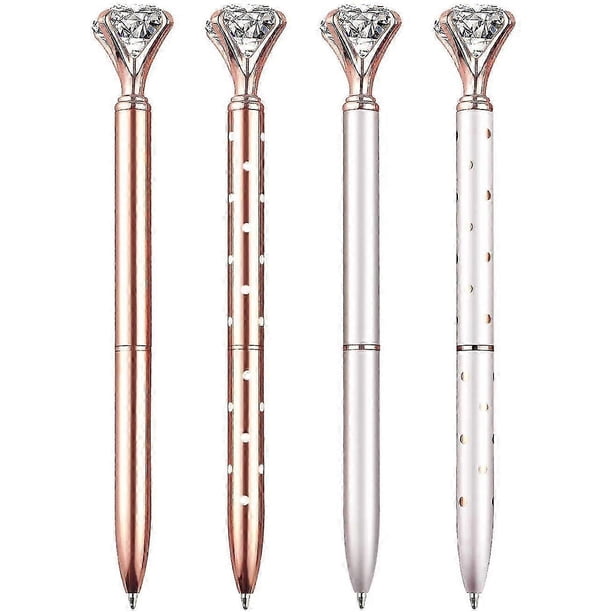 4 PCS Bling Big Crystal Diamond Ballpoint Pen Metal Ballpoint Pens for Office Supplies Gift, Rose Gold/Silver/White With Rose Polka Dots/Rose Gold Wit