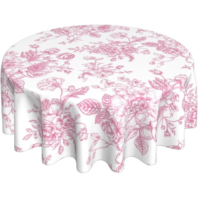 Pink Floral Tablecloth Round 70 Inch Vintage Chinoiserie Pink Table Cloth Polyester Fabric Spring Summer Flowers Farmhouse Table Cover for Kitchen Party Picnic Outdoor Decor