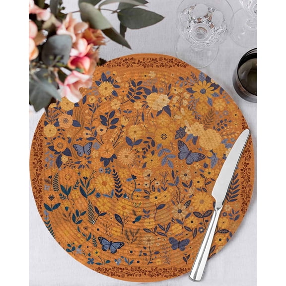15 Inch Round Placemats Set of 4, Boho Yellow Flowers Non Slip Heat Insulation PP Table Mats, Spring Abstract Watercolor Floral Leaf Washable Place Mats for Kitchen Dining Party Table Decor